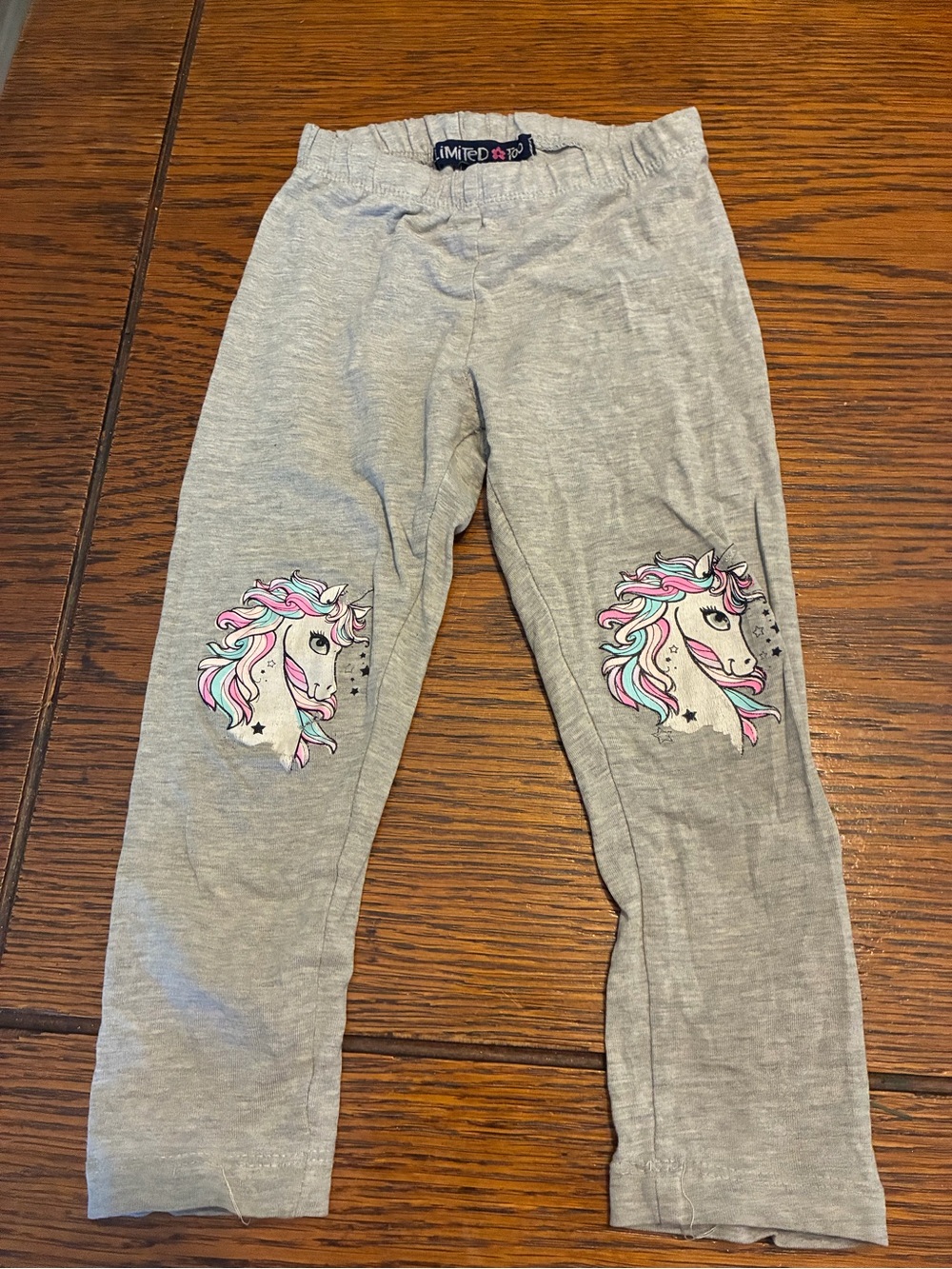 Limited Too Gray Unicorn Knee Leggings with Pink and Teal Accents